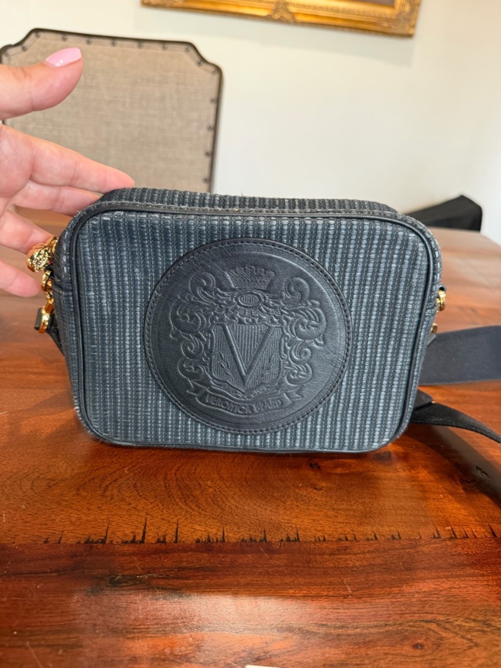 Veronica Beard Black Textured Crossbody Belt Bag with Embossed Crest